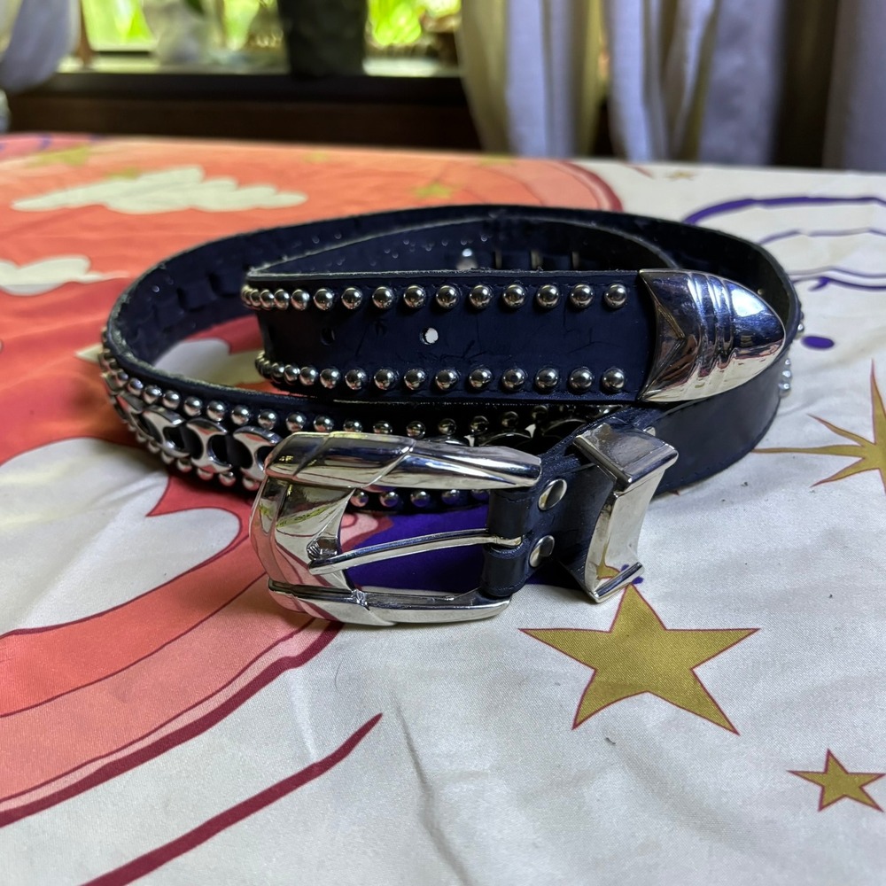 Navy Blue Leather Skull Style Metal Studded Belt Silver Buckle Y2K Punk Goth